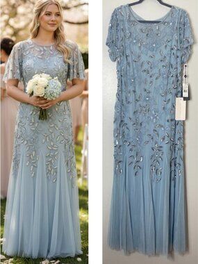 Mother of the Bride Dress Adrianna Papell Blue Beaded Sequin Evening Gown